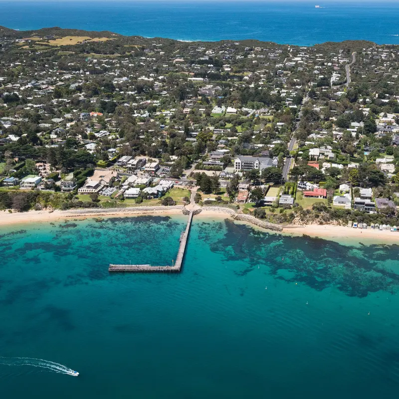 Aerial view of the Mornington Peninsula near Sorrento showcasing coastal property and lifestyle appeal