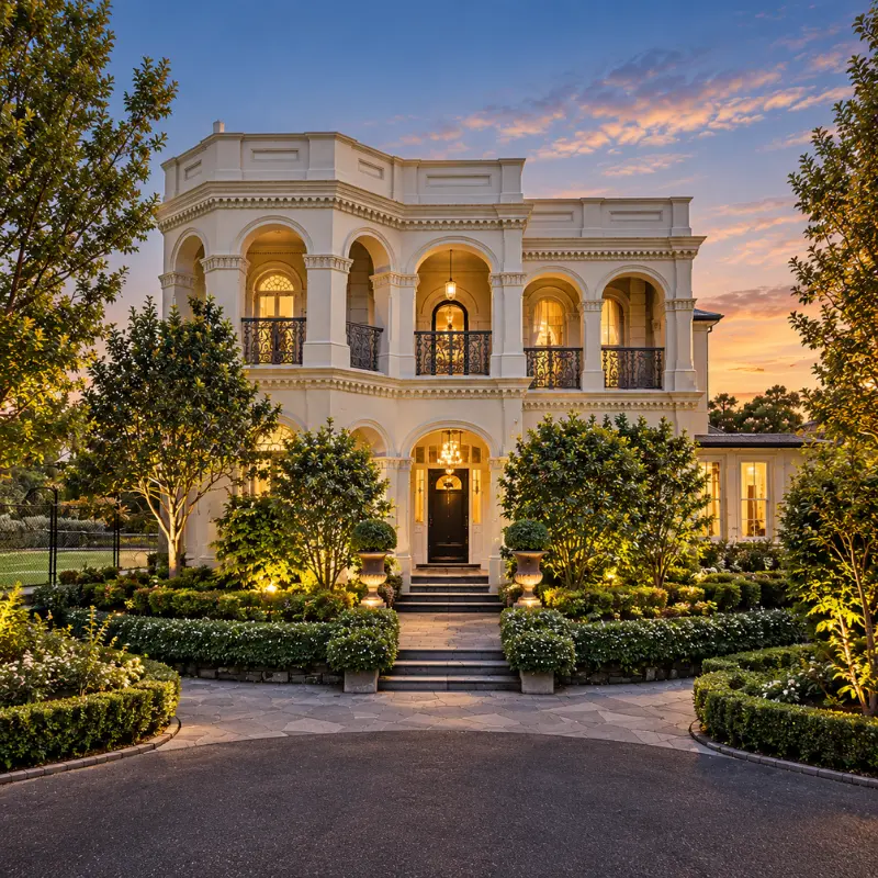Luxury period home in Hawthorn at dusk with landscaped gardens