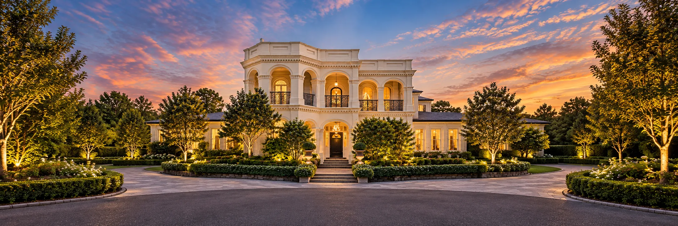 Luxury Toorak home at twilight with arched colonnaded facade, wrought iron balconies and landscaped circular driveway