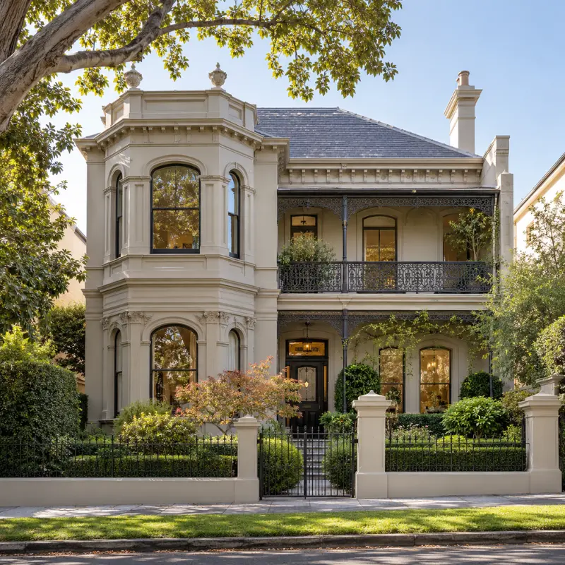 Grand Victorian period home in Camberwell, Melbourne, featuring ornate architectural detailing, wrought iron balconies and landscaped gardens, representing Clements International property management services in Camberwell.