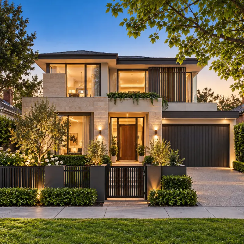 Contemporary luxury residence in Canterbury, Melbourne, featuring modern architecture, stone finishes, landscaped gardens and elegant exterior lighting.