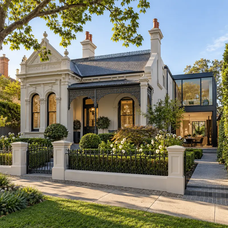 Renovated Victorian period home in Hawthorn East featuring heritage architecture, a contemporary glass extension and landscaped gardens.