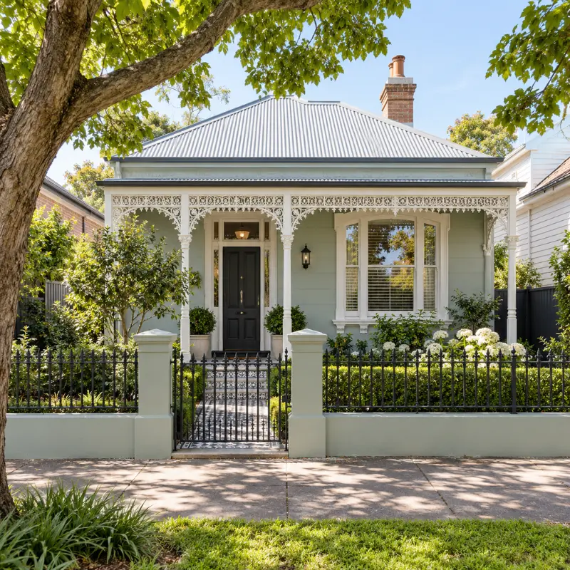 Single-fronted Victorian period home in Hawthorn East featuring a soft pale green façade, ornate off-white lacework, traditional verandah and landscaped front garden.