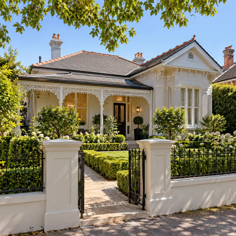 Elegant period home in Malvern with ornate verandah, landscaped front garden and mature trees
