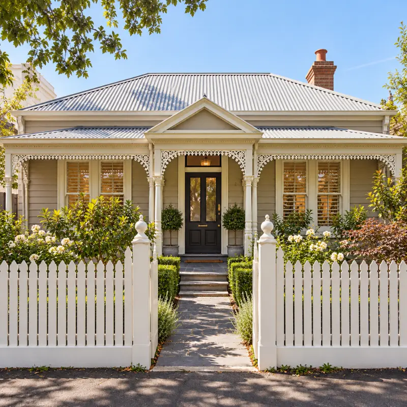 Wide-fronted Victorian cottage in Richmond with decorative verandah, picket fence and landscaped front garden